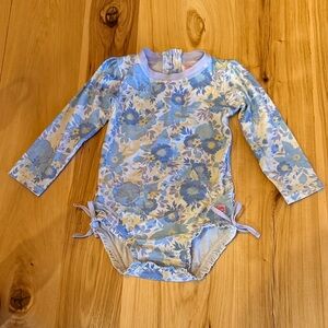 Ruffle Butts Long-Sleeve Baby Floral Swim One-Piece in Blue & Cream